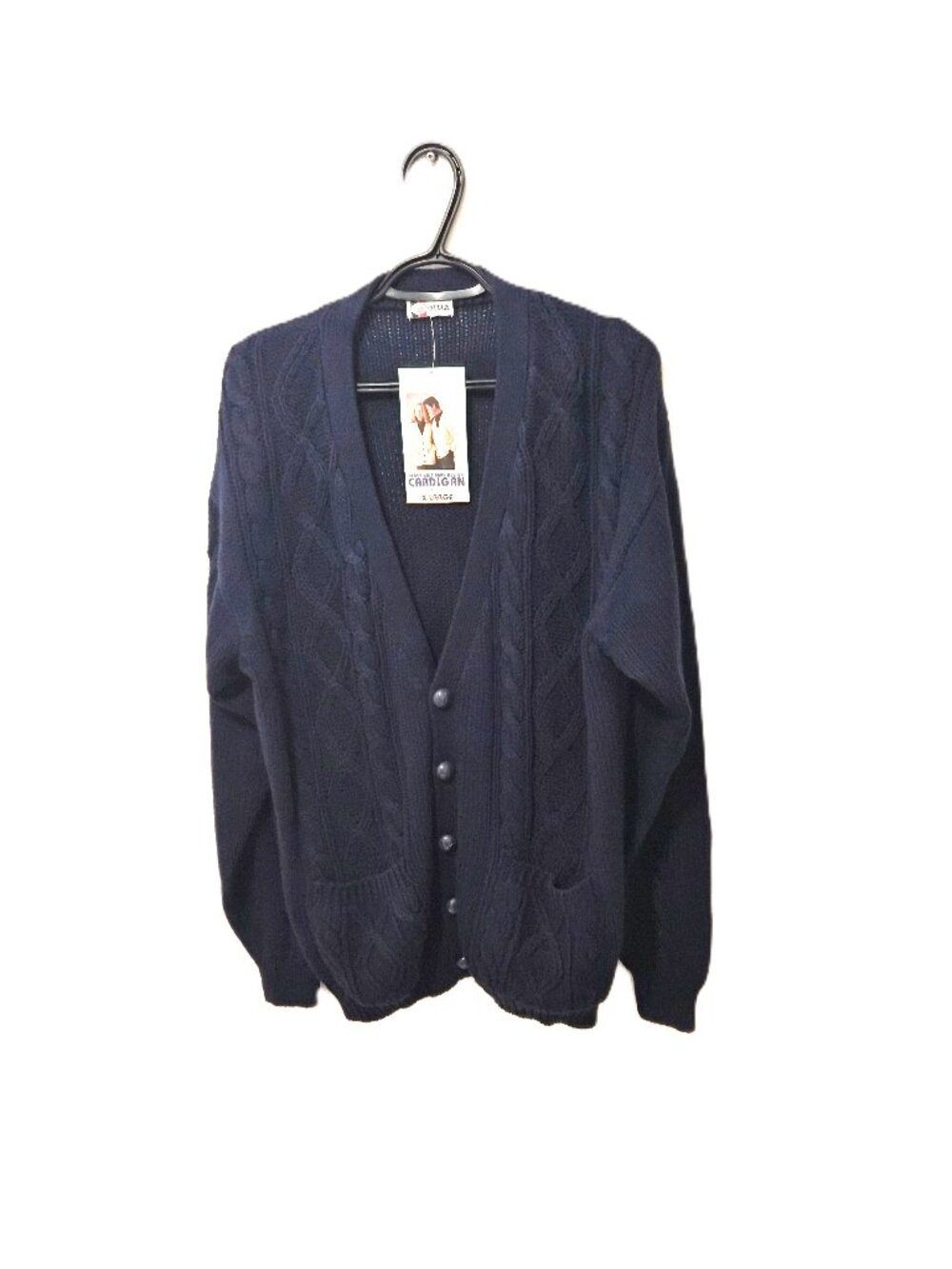 VTG 90s Navy Blue Heavy Knit Aran Cardigan Deadstock Grandpacore Professor Dad